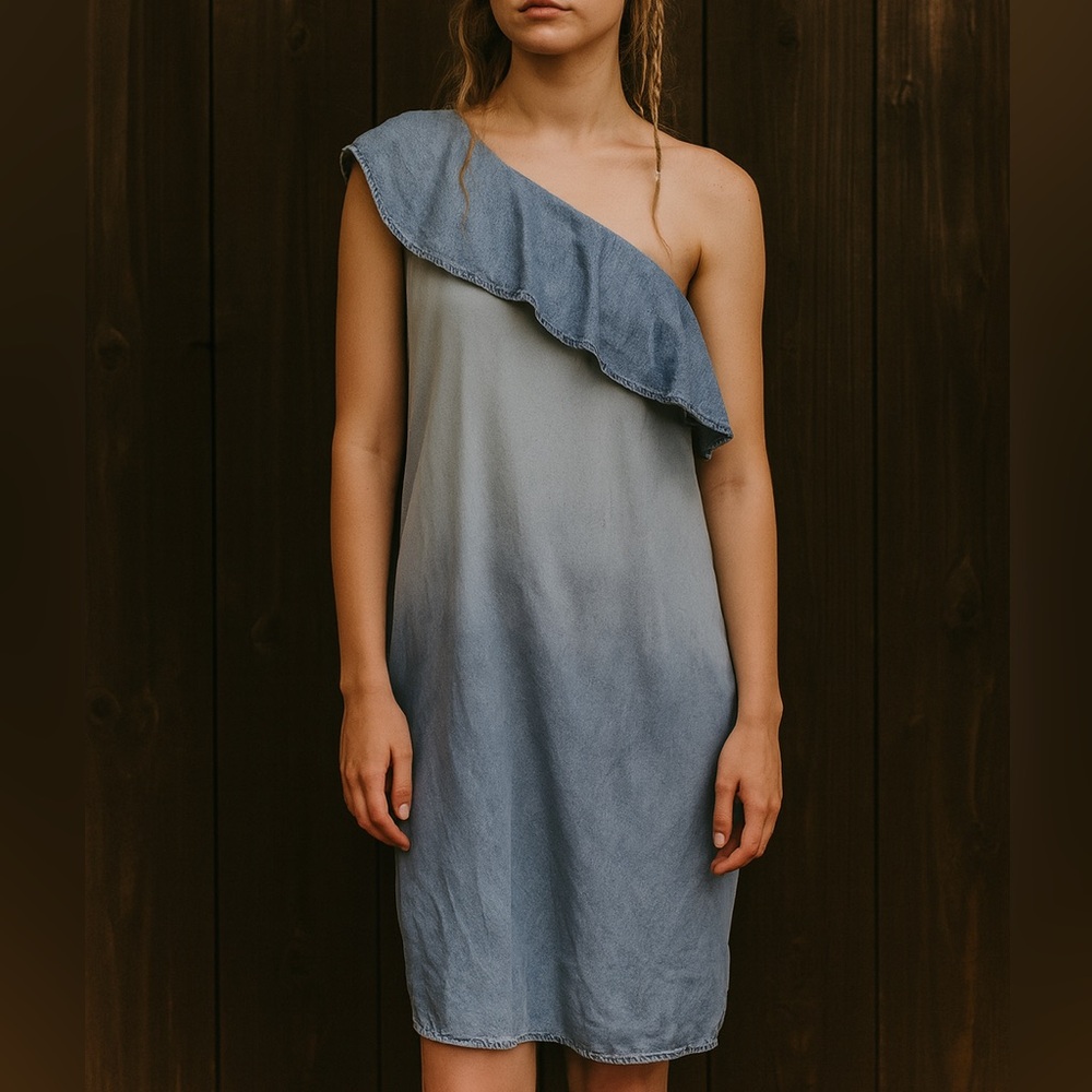 Mossimo Blue Sheath Ruffle One Shoulder Lyocell Chambray Denim Dress Sz Sml - Picture 2 of 12
